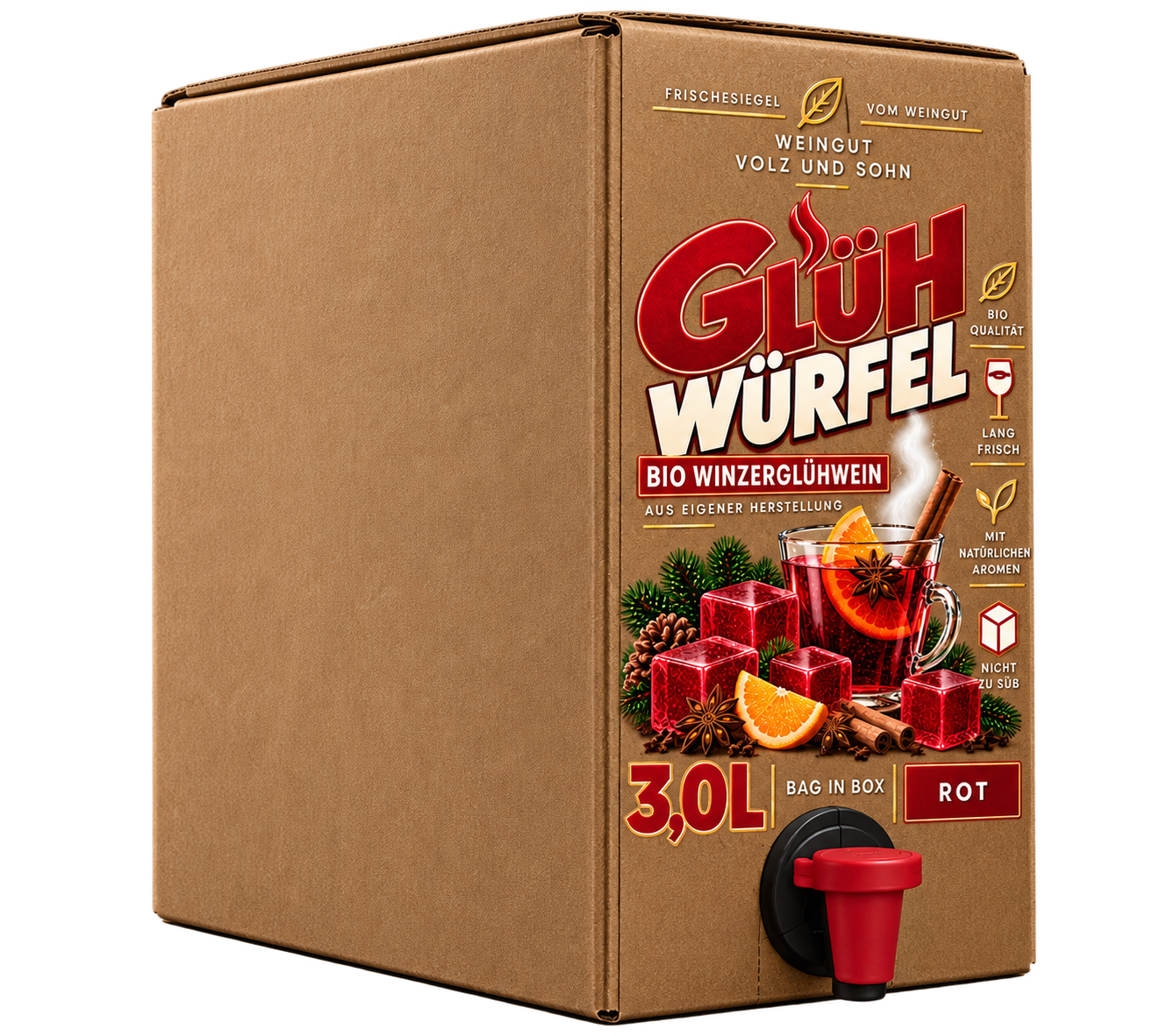 GLÜHWÜRFEL Rot mit 3,0 Litern Bio-Winzerglühwein und Zapfhahn