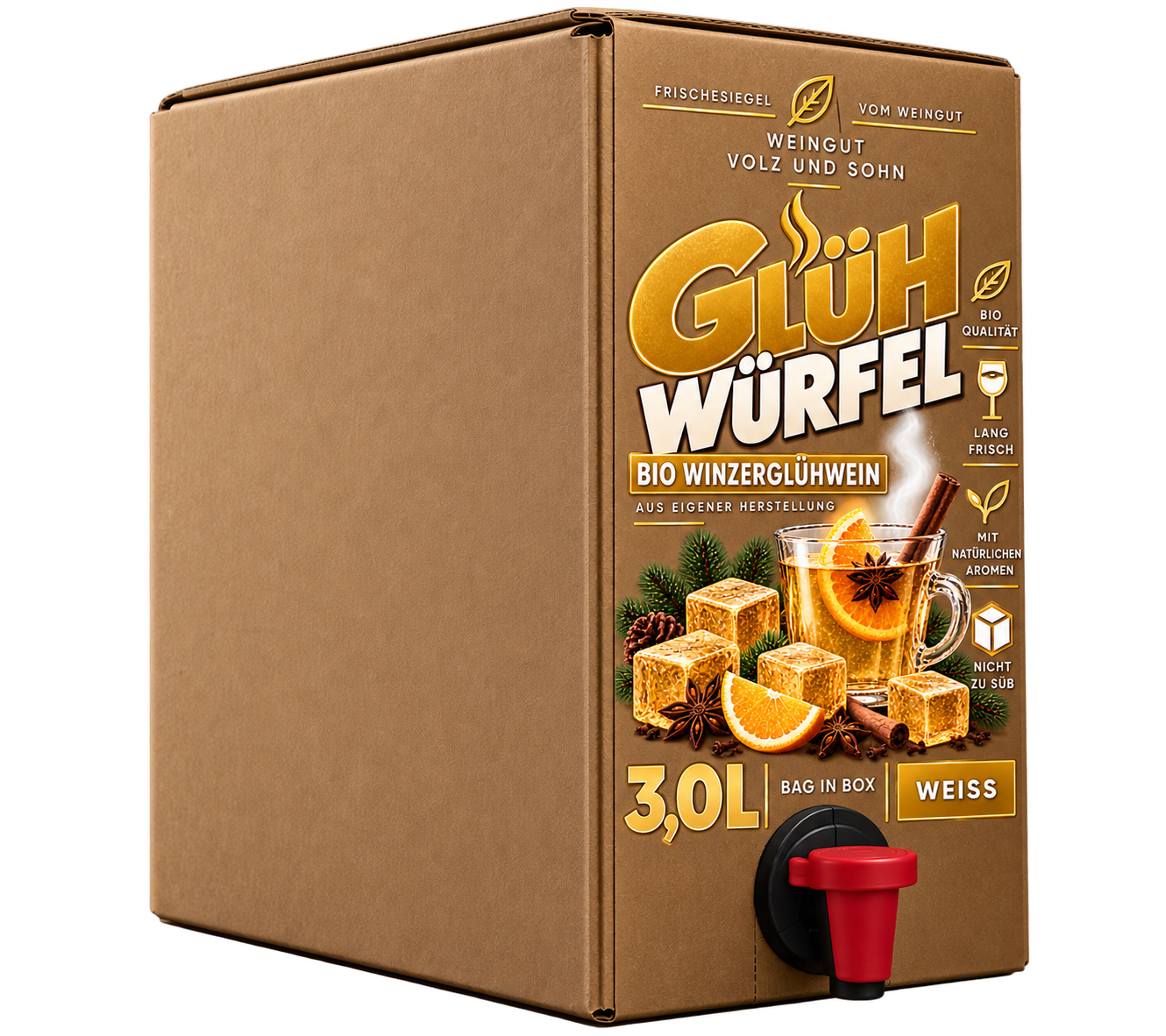 GLÜHWÜRFEL Weiß mit 3,0 Litern Bio-Winzerglühwein vom Weingut Volz und Sohn